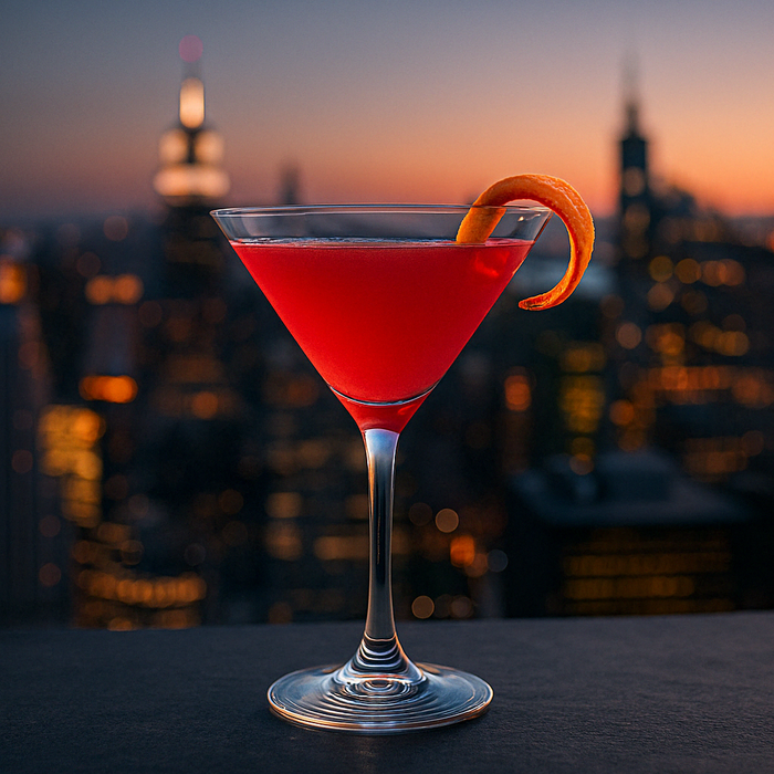 A Cosmopolitan cocktail served in a martini glass with a vibrant pink hue, garnished with an orange twist, set on a polished bar with elegant lighting.