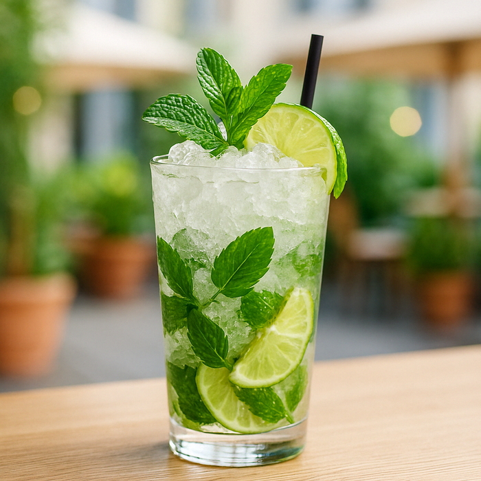 A classic Mojito served in a highball glass filled with crushed ice, garnished with fresh mint and lime, against a bright summer bar background.