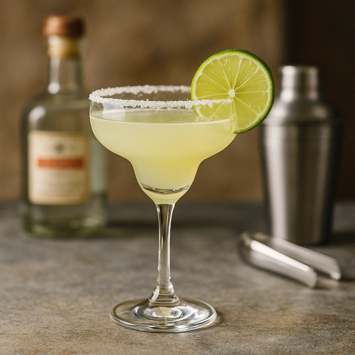 A zesty Margarita cocktail in a classic coupe glass with a salted rim and lime wheel, served on a stone bar top with warm natural light and tequila bottle in background.