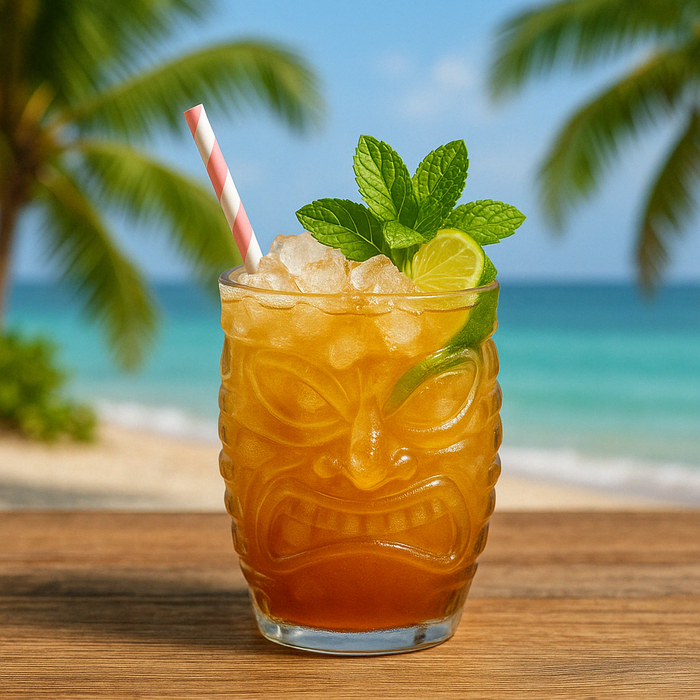 A layered Mai Tai cocktail made with light and dark rum, served over crushed ice in a tiki-style glass, garnished with mint and lime on a bamboo bar.