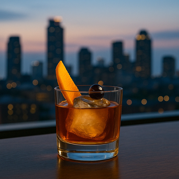 A strong and smooth Old Fashioned Cocktail with bourbon, bitters, and orange peel served in a rocks glass over a single ice cube, perfect for sipping slowly.