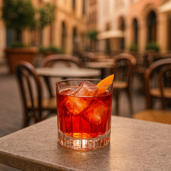 A Negroni Cocktail in a rocks glass over clear ice, garnished with an orange peel twist, sitting on a marble bar with soft Italian-style lighting.
