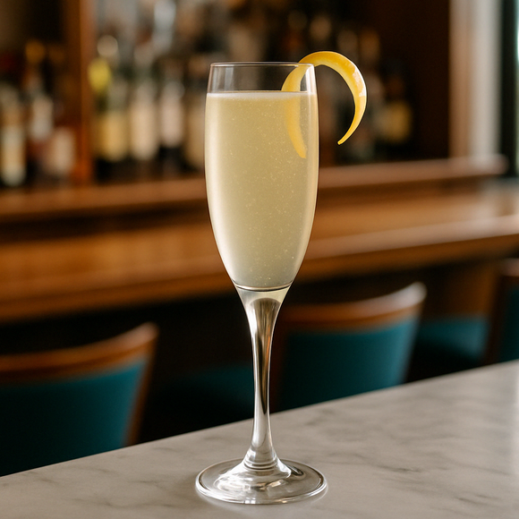 A French 75 Cocktail served in a tall flute, with bubbles rising through the golden liquid and a lemon twist garnish, set against a softly lit bar.