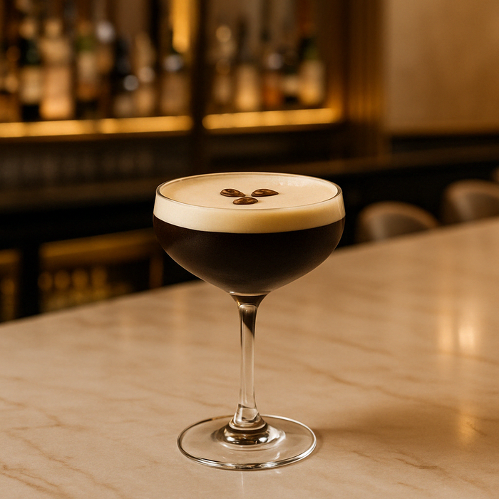 An Espresso Martini Cocktail served in a coupe glass with a creamy crema and three coffee beans on top, placed on a clean bar counter in a bright setting.