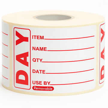 Roll of labels with red text on a white background