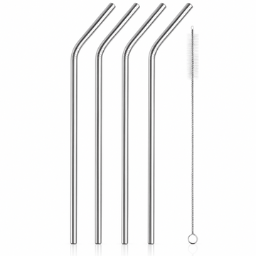 Set of four metal straws and a cleaning brush on a white background