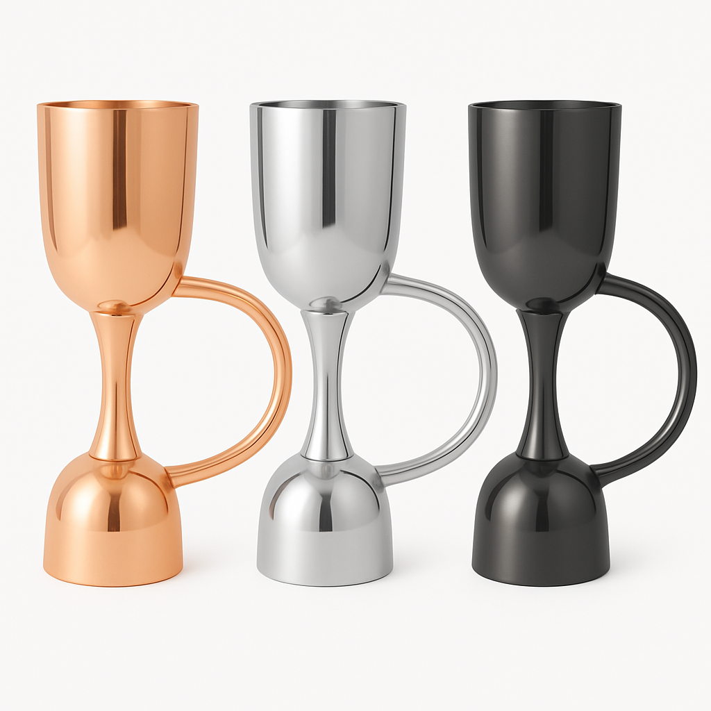  The Volaro Cocktail Jigger displayed in copper finish with ergonomic handle, placed on a clean bar counter, ideal for stylish and precise cocktail preparation.