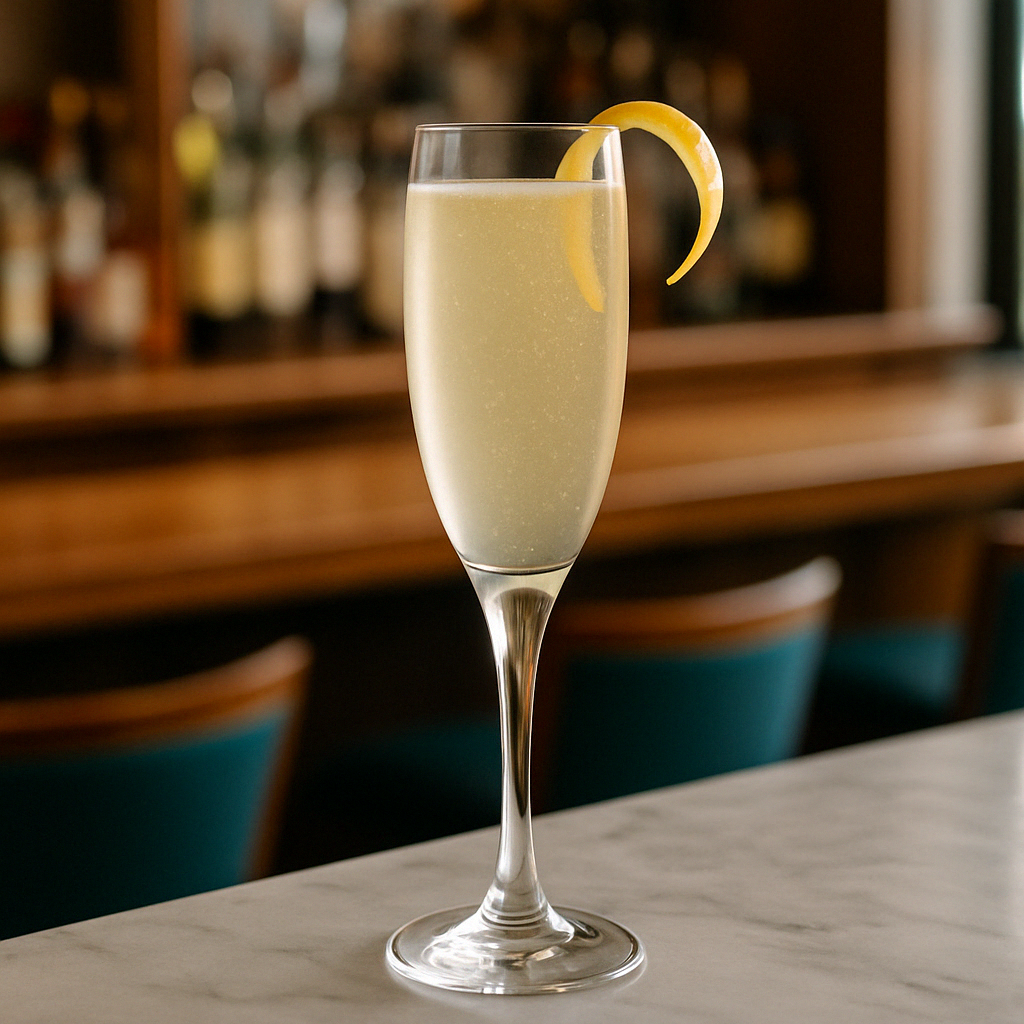 A French 75 Cocktail served in a tall flute, with bubbles rising through the golden liquid and a lemon twist garnish, set against a softly lit bar.