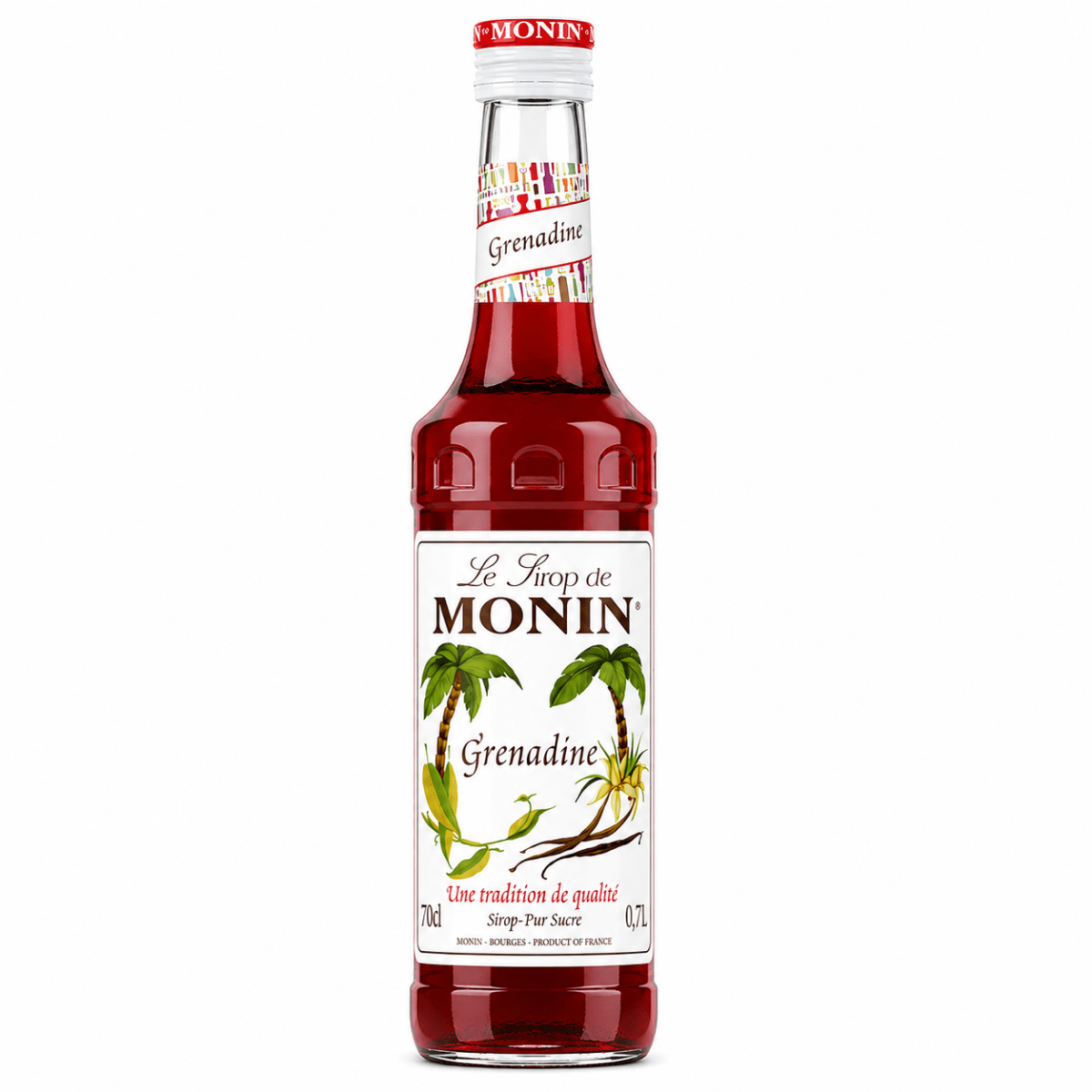 A bottle of Le Throp de MONIN Grenadine syrup, featuring a white label with green palm tree illustrations and a red cap, set against a plain white background.