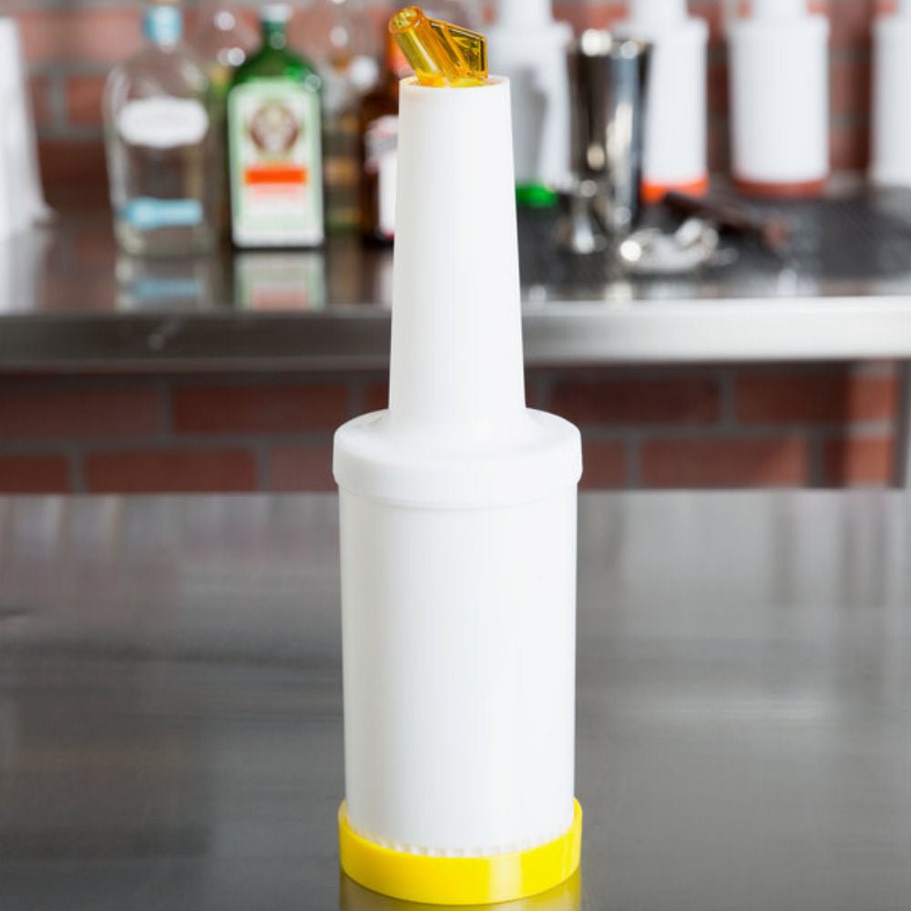 Bar pour bottles with colour coded spouts for storing and pouring mixers and juices in bars - BarBits.co.uk