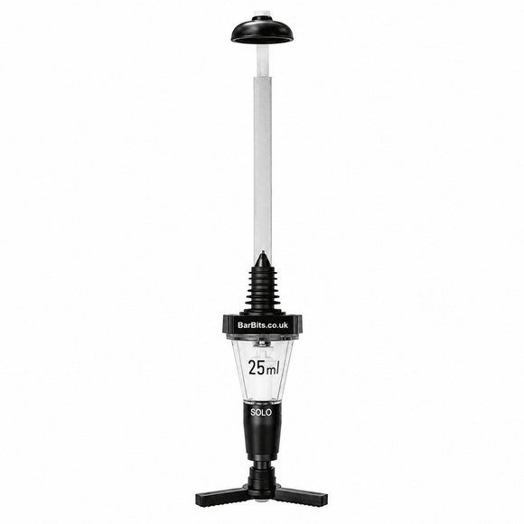 A bar optic measure and bracket liquid dispenser or mixing tool with a black top cap, long white handle, black base stand, and clear 25ml chamber. The brand name 'barbits.
