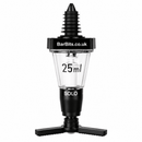 A BarBits Solo 25ml pour-over optic measure  with a black plastic top and base, and a clear glass middle cone marked with '25ml'. The brand name 'BarBits.