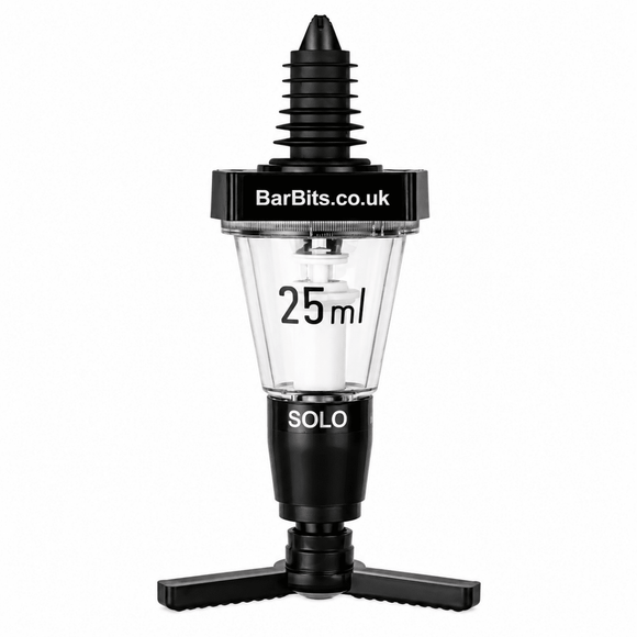 A BarBits Solo 25ml pour-over optic measure  with a black plastic top and base, and a clear glass middle cone marked with '25ml'. The brand name 'BarBits.