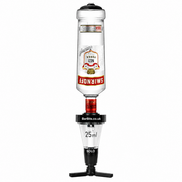 A Solo Smirnoff vial repurposed as a bar optic measure and bracket, featuring a clear glass bottle of Smirnoff inverted on a black and clear plastic base with a 25ml measurement scale.