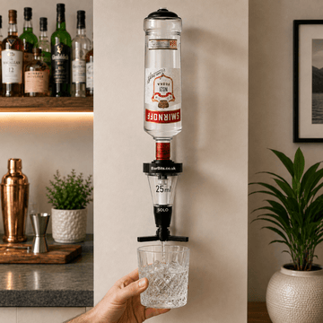 A wall-mounted bar tap dispenser made from a repurposed Smirnoff vodka bottle and a 25ml measuring jug, with a hand holding a glass under the spout in a kitchen setting.