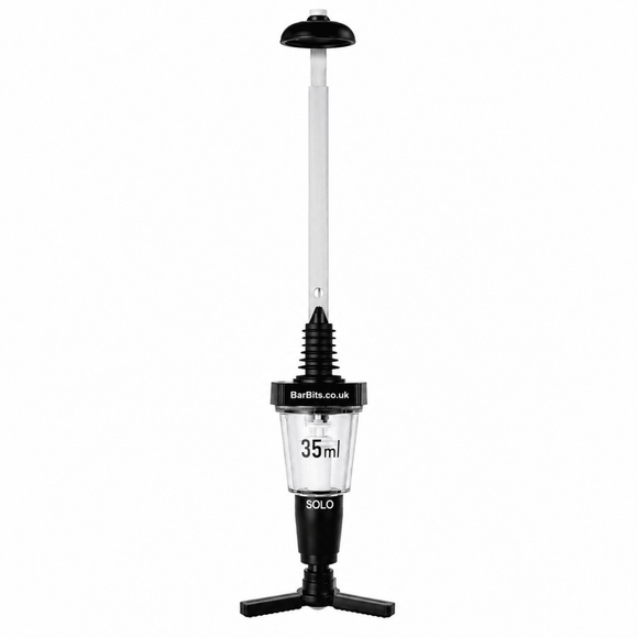 A BarBits Solo 35ml manual optic measure bracket  with a black and white design, featuring a clear plastic chamber, black rubber nozzles, and a black tripod base on a white background.