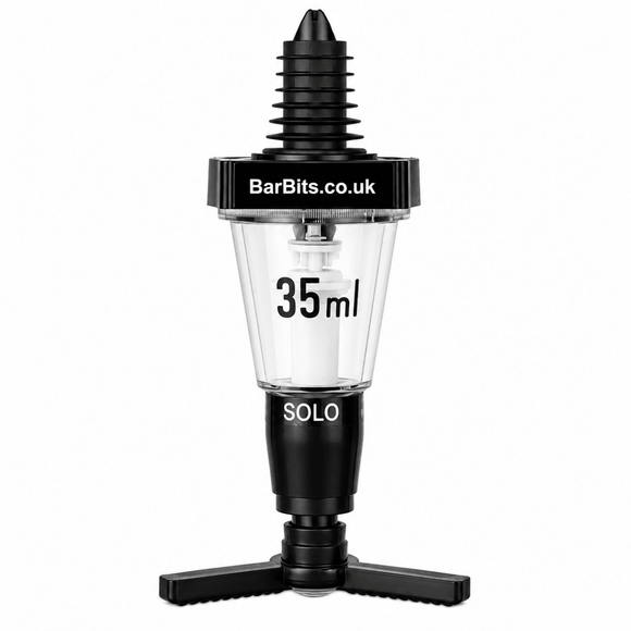 A BarBits Solo 35ml bar measure shown on a solid white background. The kit features a black plastic top and bottom with a clear glass middle chamber displaying '35ml' in black text.
