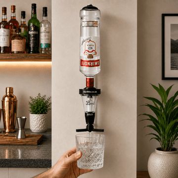 A wall-mounted bar tap dispenser holding a clear bottle of Smirnoff London gin, with a 35ml measuring chamber and a black spout dispensing into a clear drinking glass held by a person's hand. The scene is set in a modern kitchen or bar area with shelves, bottles, and plants visible.