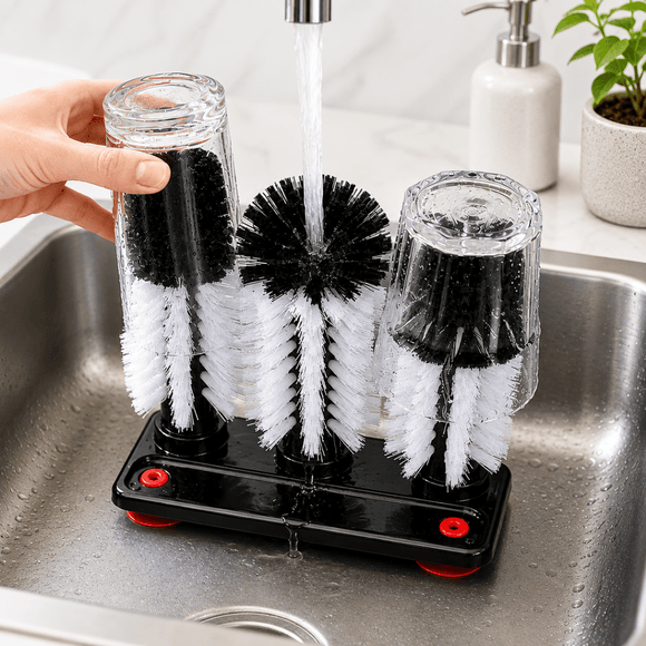 A black and white glass cleaning brush set with three upright brushes and two upside-down holders, shown in a kitchen sink under running water. A hand is holding one brush on the left, and a white soap dispenser and small potted plant are in the background.