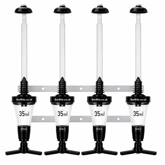 Four 35ml bar spoons from the brand BarBits, arranged in a row on a white background. Each spoon has a black handle, a clear plastic bowl showing '35ml' and 'SOLO' text, a black screw-on spoon, and a silver metal mounting bracket.