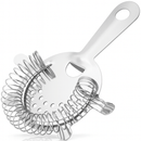 A polished stainless steel four prong Hawthorne cocktail strainer displayed diagonally on a white background, showing its coiled spring and long handle.