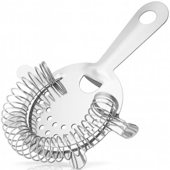 A polished stainless steel four prong Hawthorne cocktail strainer displayed diagonally on a white background, showing its coiled spring and long handle.