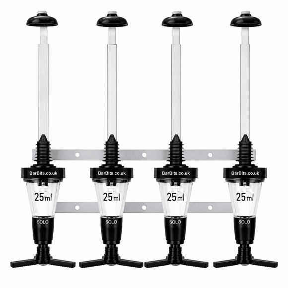 Four 25ml Solo bar dispensers mounted on a silver metal wall bracket, shown against a plain white background.