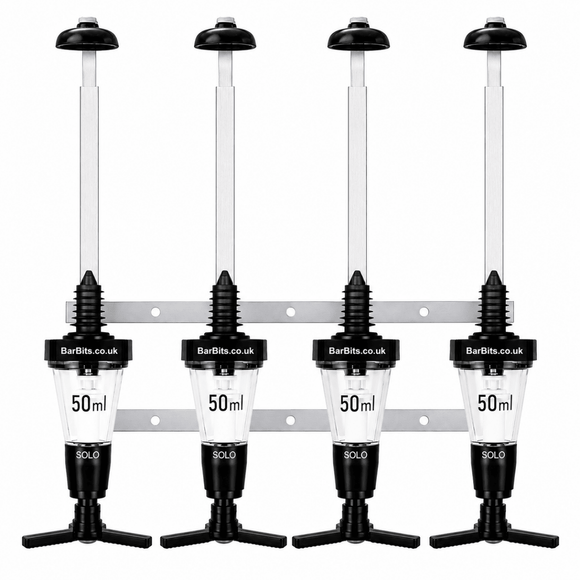 Four BarBits Solo 50ml distillation kits arranged in a row on a silver metal mounting bracket against a white background.