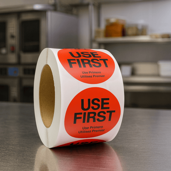 Red removable Use First labels 38mm x 38mm roll of 500 - BarBits.co.uk