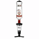 A Smirnoff vodka bottle inverted on a black and clear triple-prong stand with a 50ml measurement chamber. The Smirnoff label is visible, along with BarBits branding on the connector collar.