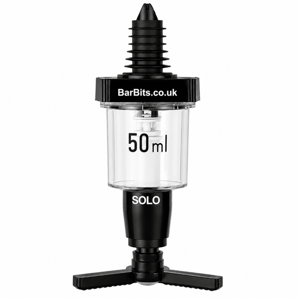 A BarBits Solo 50ml liquid measuring device with a clear plastic chamber, black plastic base and top, and white printed text.