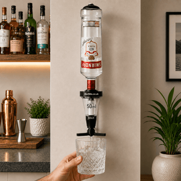 A wall-mounted bar spout made from an inverted Smirnoff vodka bottle, dispensing clear liquid into a glass held by a person's hand in a kitchen setting.