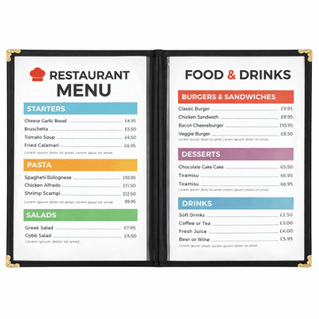 A5 Black American Menu Cover - 2 Page 4 Sides