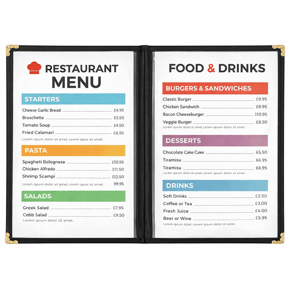A5 Black American Menu Cover - 2 Page 4 Sides