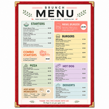 A4 Red American Style Menu Cover - 1 Page