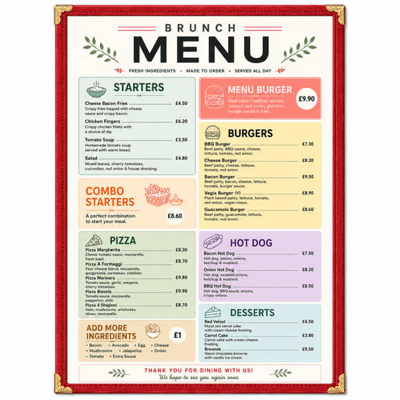 A4 Red American Style Menu Cover - 1 Page