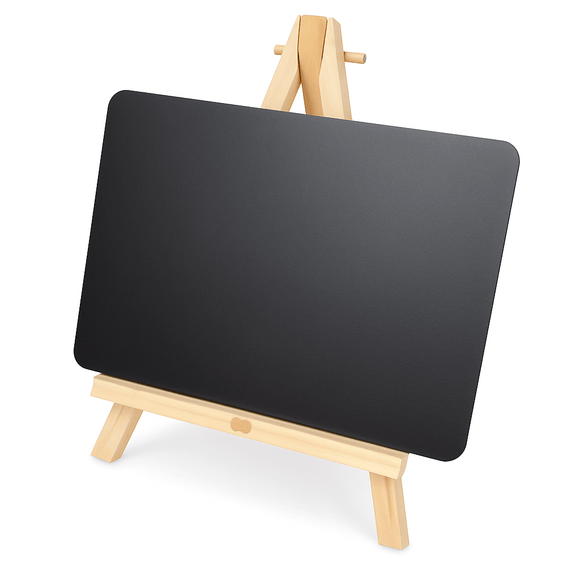 Wooden easel with a black board on a white background