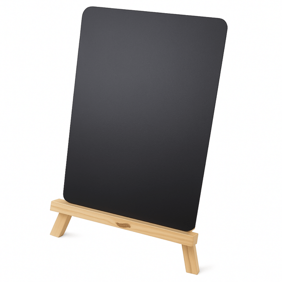 Black chalkboard with a wooden stand on a white background