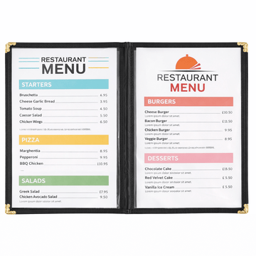 Restaurant menu with sections for starters, burgers, pizza, salads, and desserts.