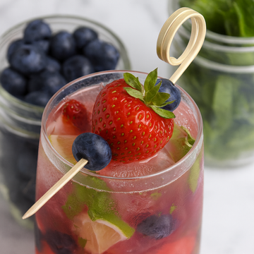 Glass of pink cocktail with strawberries, blueberries, and mint leaves on a skewer, with a bowl of blueberries in the background.