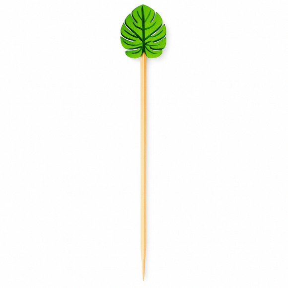 Green leaf-shaped cocktail pick on a white background