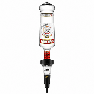 A 25ml Smirnoff vodka spirit dispenser, designed to look like a bottle with a black and clear plastic body, red collar, and a 25ml measurement indicator, on a solid white background.