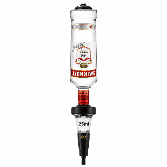 A 25ml Smirnoff vodka spirit dispenser, designed to look like a bottle with a black and clear plastic body, red collar, and a 25ml measurement indicator, on a solid white background.