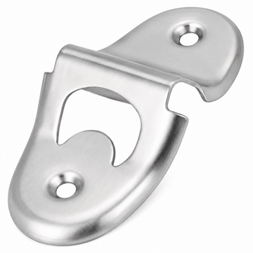 A brushed stainless steel bottle opener mounted on a plain white background.