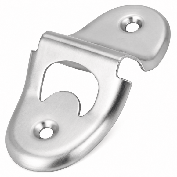 A brushed stainless steel bottle opener mounted on a plain white background.