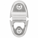 A brushed metal bottle opener with a split design, featuring two mounting holes, shown on a solid white background.