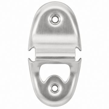 A brushed metal bottle opener with a split design, featuring two mounting holes, shown on a solid white background.