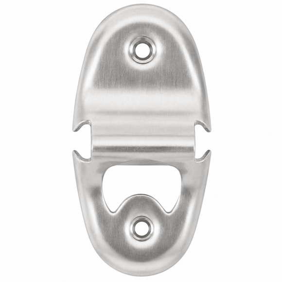 A brushed metal bottle opener with a split design, featuring two mounting holes, shown on a solid white background.
