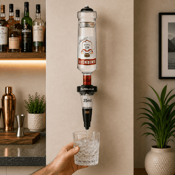A wall-mounted Smirnoff vodka dispenser with a 25ml pourer, shown dispensing a clear liquid into a glass of ice held by a hand in a kitchen setting.