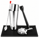 A 6-piece cocktail bar tool set arranged on a black rubber mat against a white background. The set includes a stainless steel cocktail shaker with a red-tipped spoon, a black strainer, a black muddler, a metal jigger, a bar spoon, and a small cleaning brush.